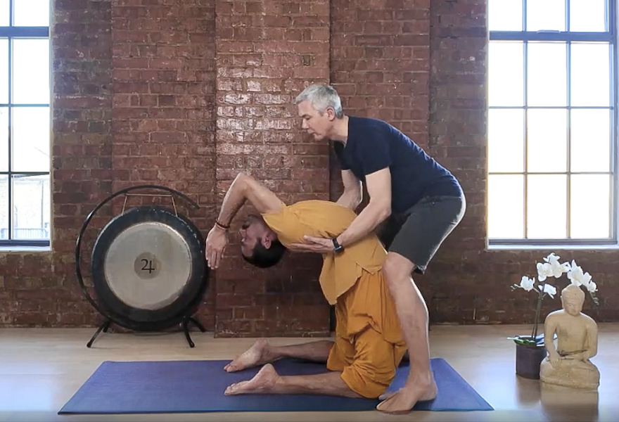 Gingi Lee adjusting student in Kapotasana on 300-hour teacher training