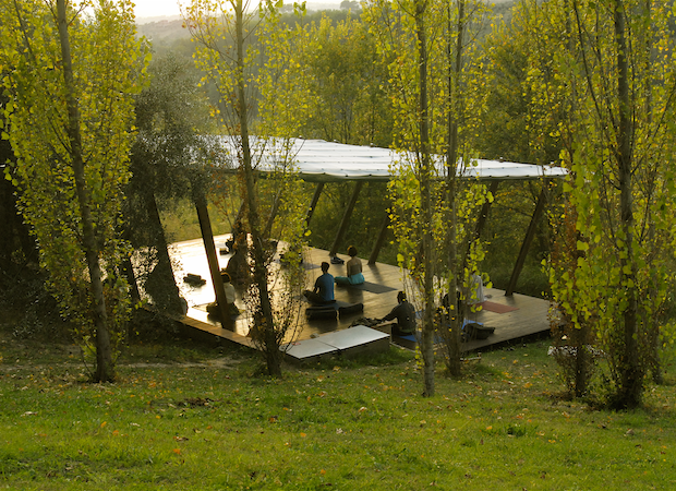Outdoor yoga space at In Sabina retreat centre in Italy